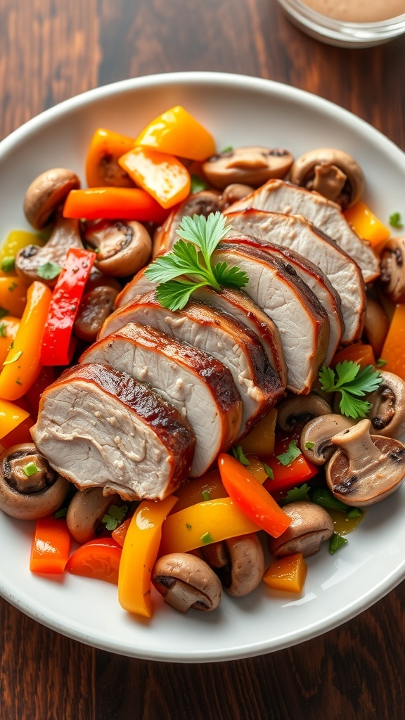 Duck Doodle Recipe Plated Duck Doodle with duck breast slices and sautéed vegetables, garnished with parsley on a rustic table.